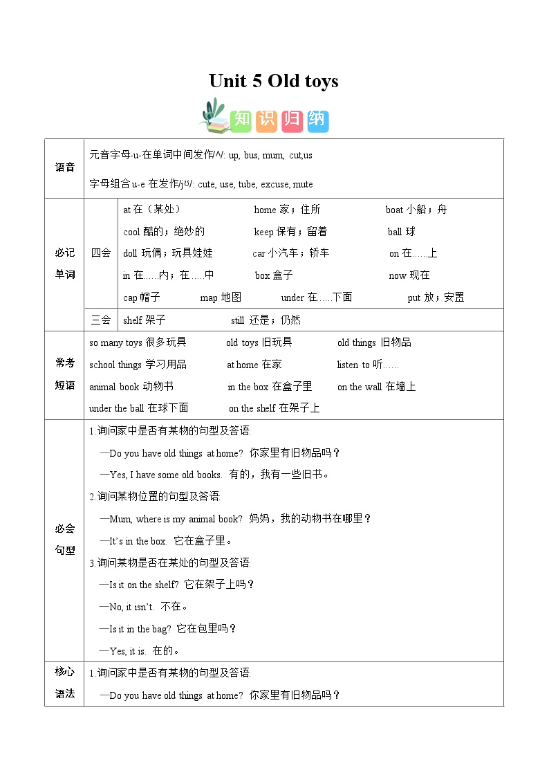 【知识点】新人教PEP版小学英语三年级下册Unit 5 Old toys知识清单