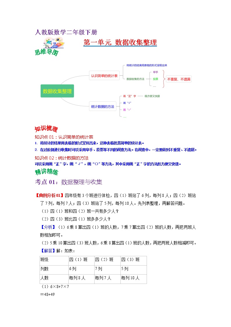 【知识点】人教版二年级数学下册第一单元知识点总结+练习学案（教师版+学生版）