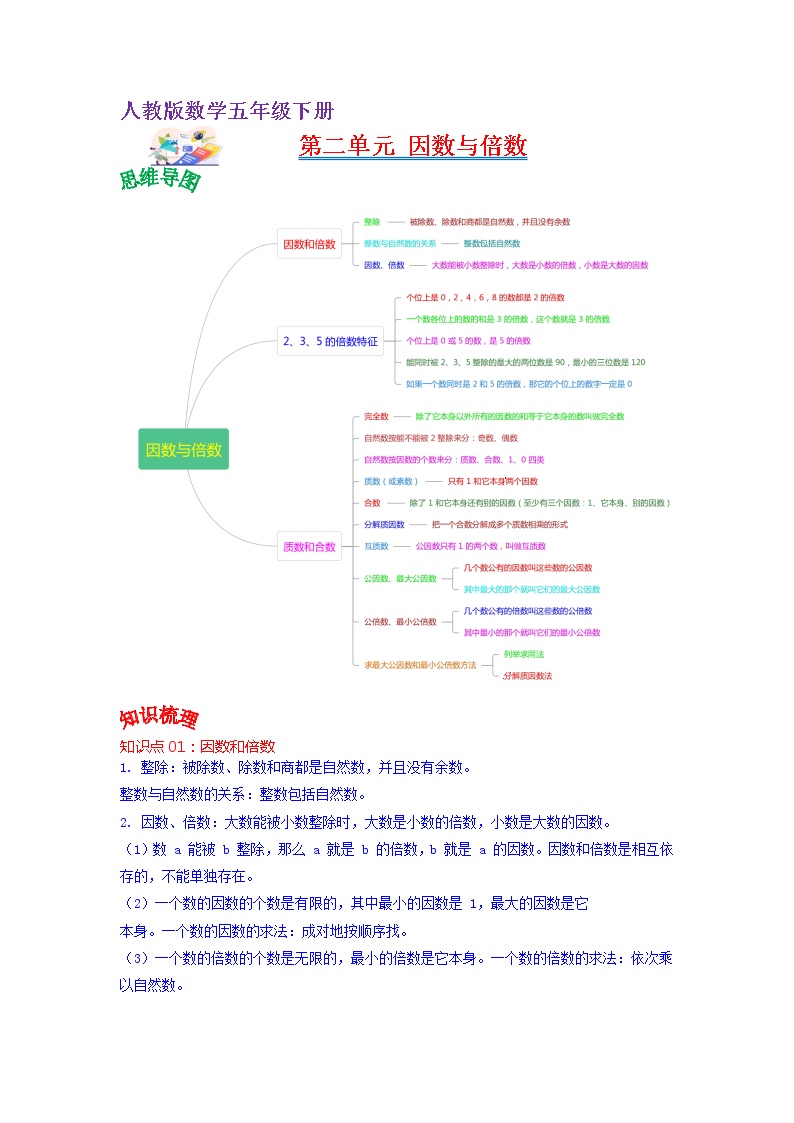 【知识点】人教版五年级数学下册第二单元知识点总结+练习学案（教师版+学生版）