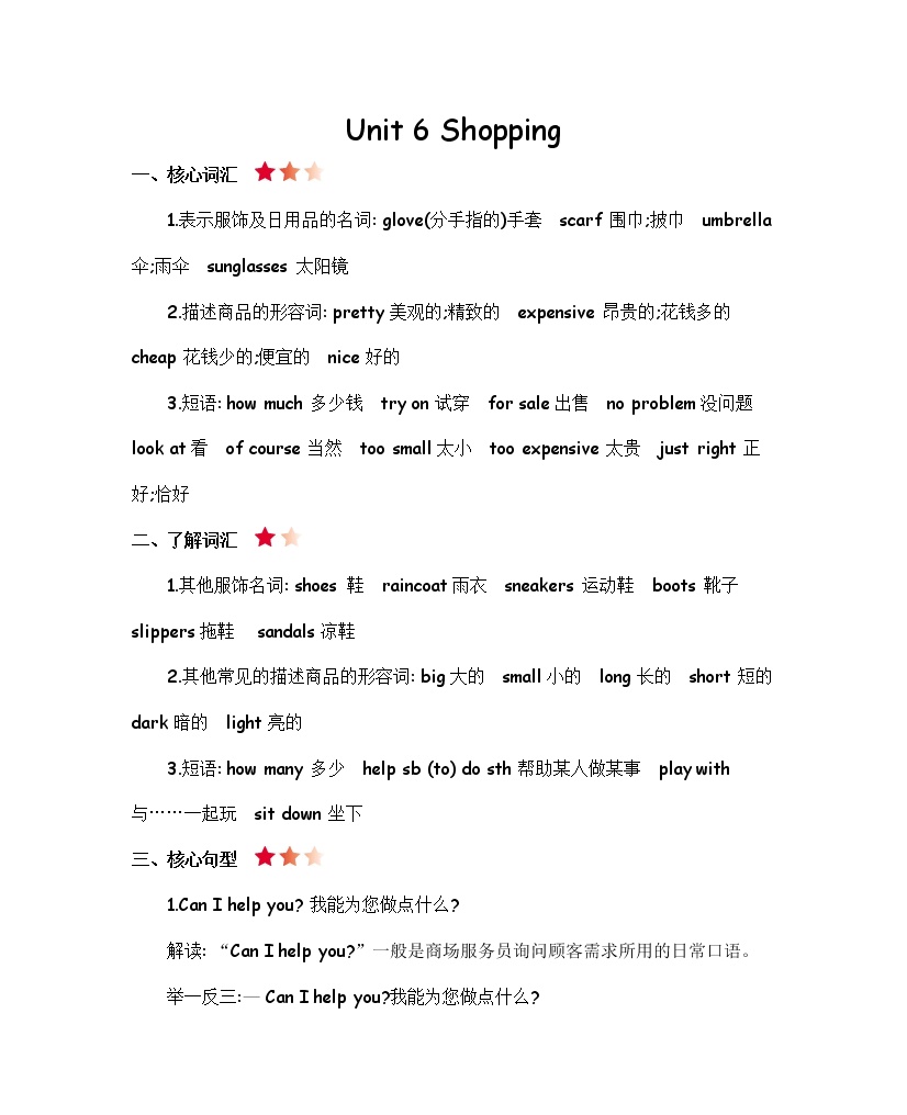 【知识点】人教版小学四年级英语下册 Unit 6 知识清单