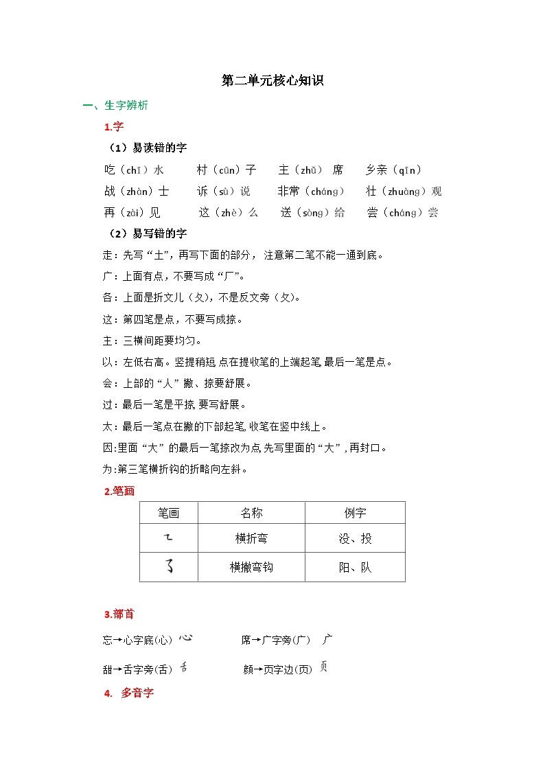 【知识点】部编版一年级语文下册第二单元知识清单可打印免费下载