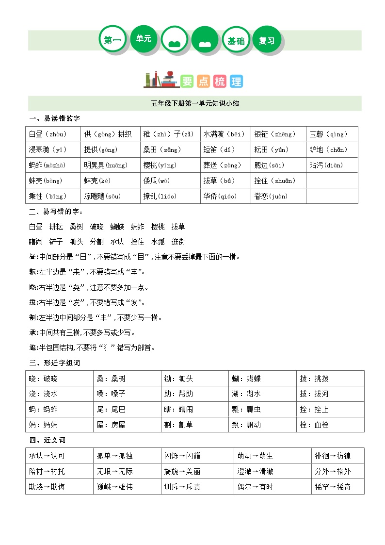 【知识点】部编版五年级语文下册第一单元复习讲义（讲义+检测+答案）