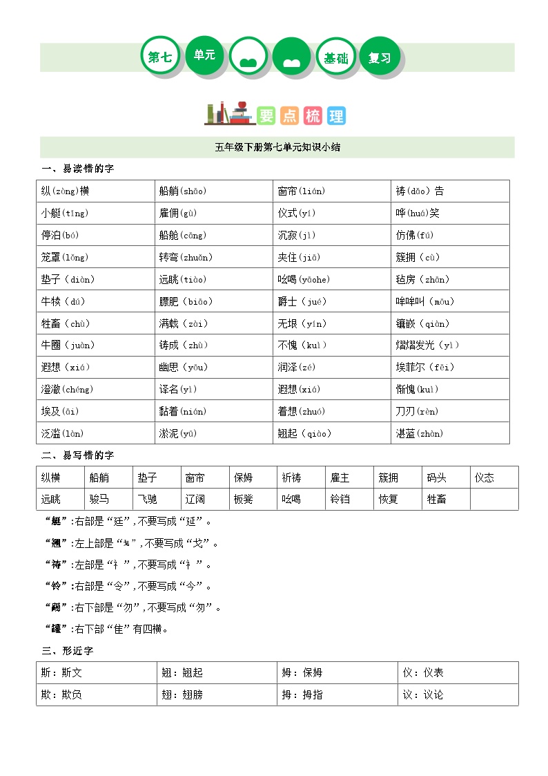 【知识点】部编版五年级语文下册第七单元复习讲义（讲义+检测+答案）