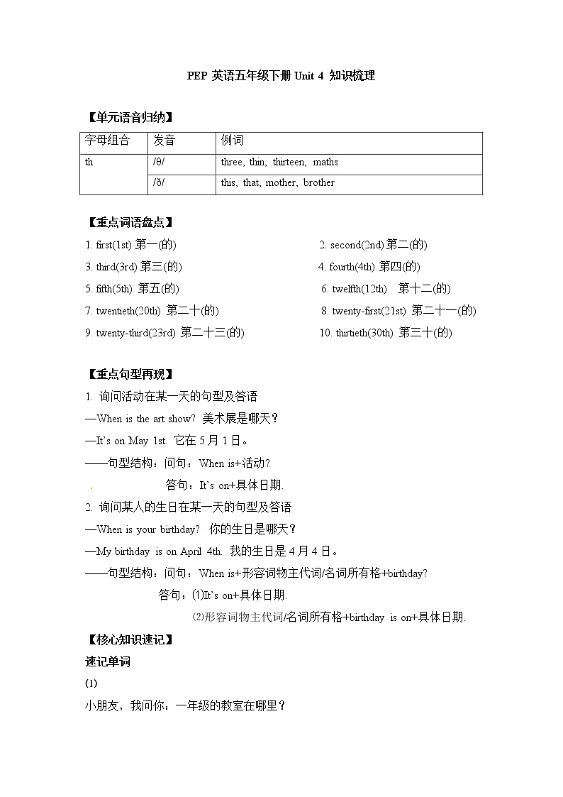 【知识点】人教版英语PEP五年级下册 Unit 4 知识点梳理+知识练兵
