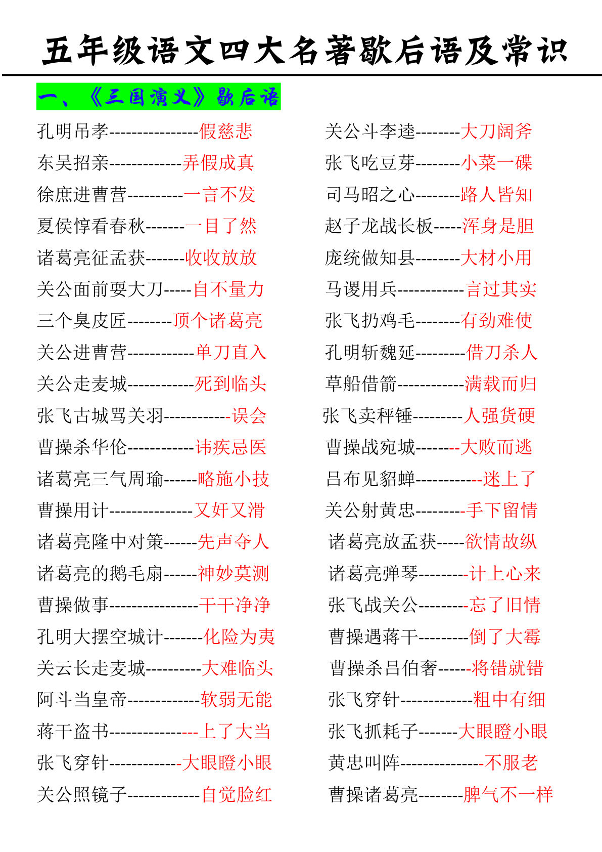 【0314】五年级语文上册四大名著歇后语及常识8页