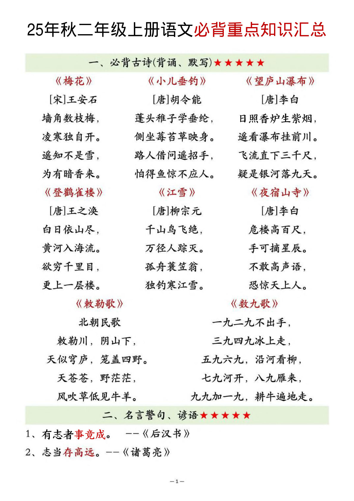 【0074】二年级语文上册必背重点知识汇总20页