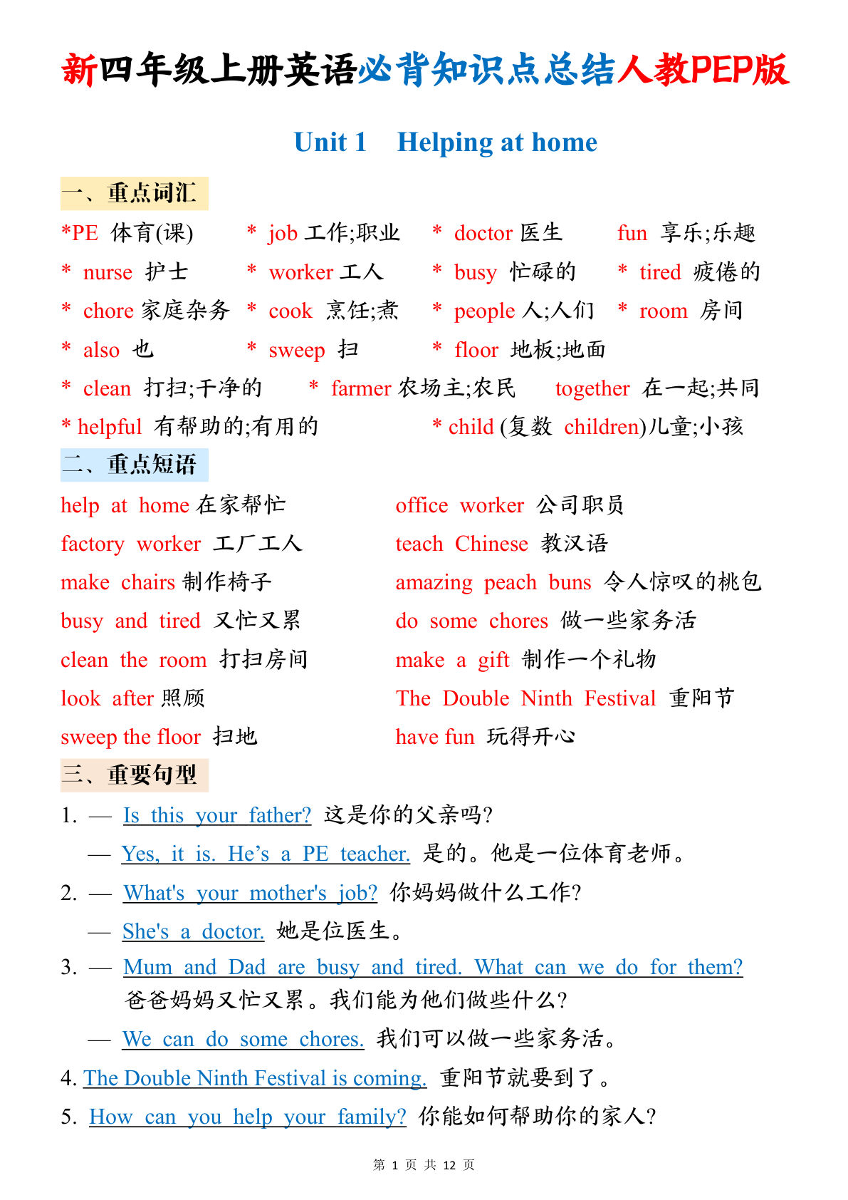 【0622】四年级英语上册人教PEP版英语新1-6单元必背知识点总结（12页）