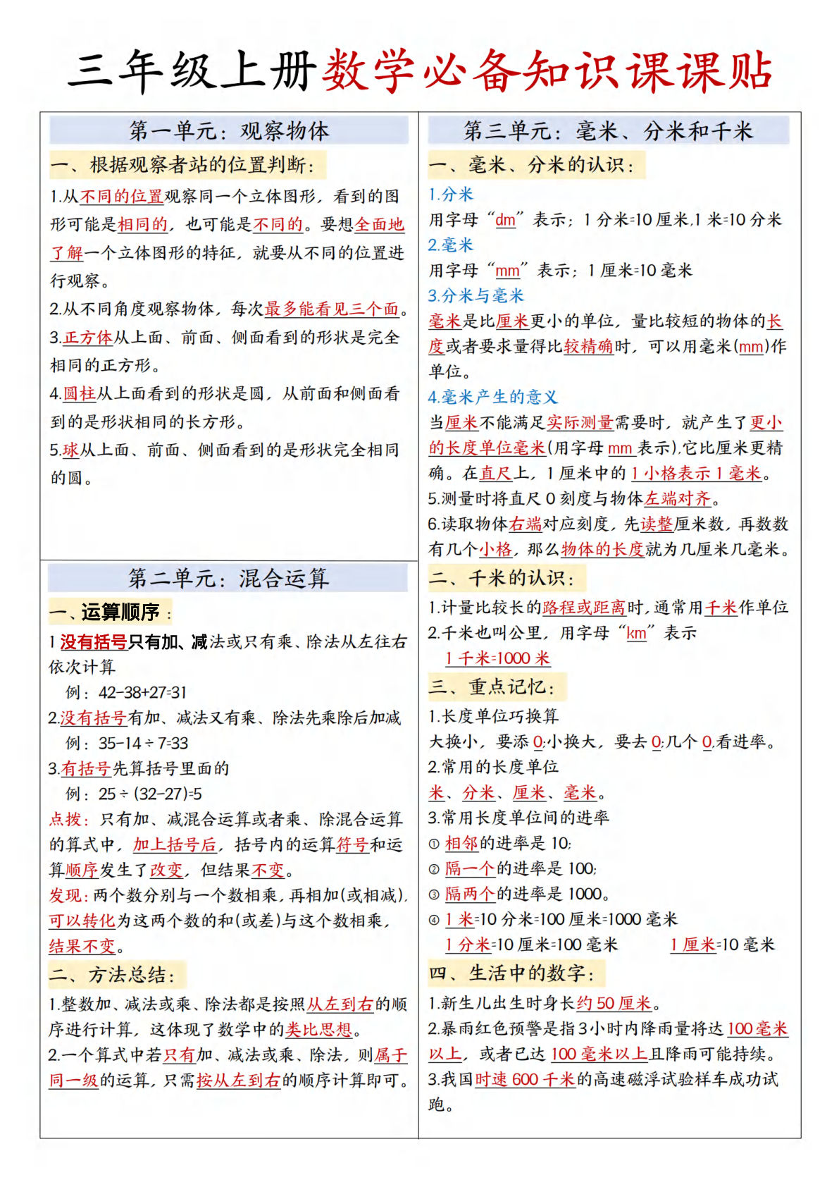 【0180】三年级数学上册必备知识课课贴