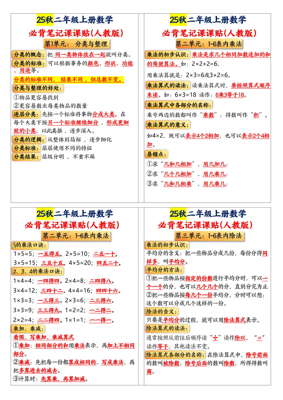【0525】二年级数学上册课课贴