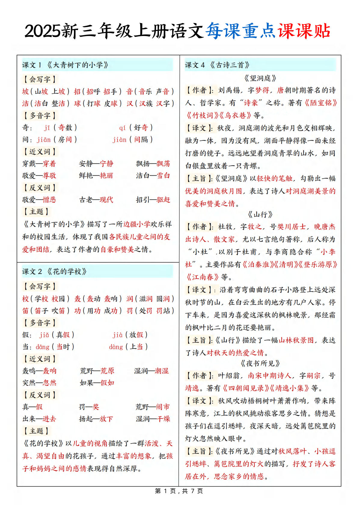 【0140】三年级语文上册每课重点课课贴（7页）