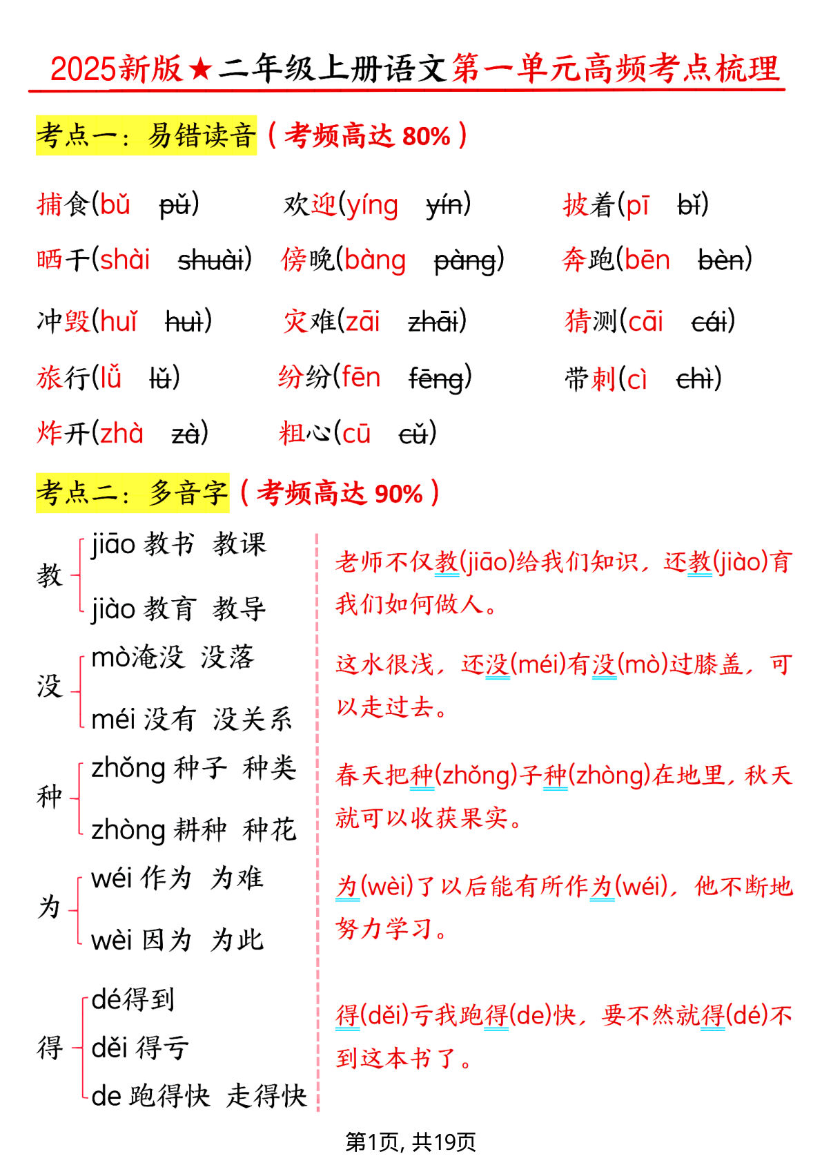 【0079】二年级语文上册1-3单元高频考点梳理