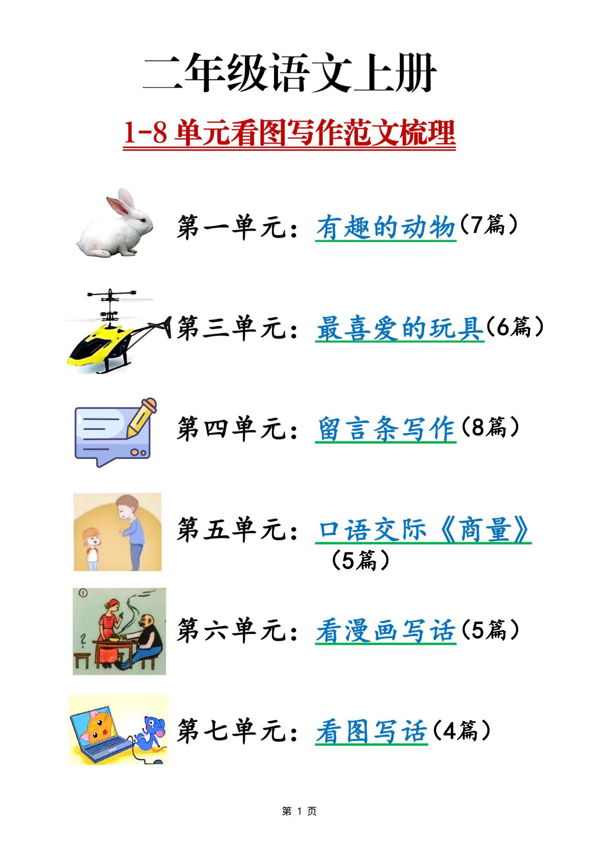 【0080】二年级语文上册1-8单元看图写话范文梳理35篇（34页）