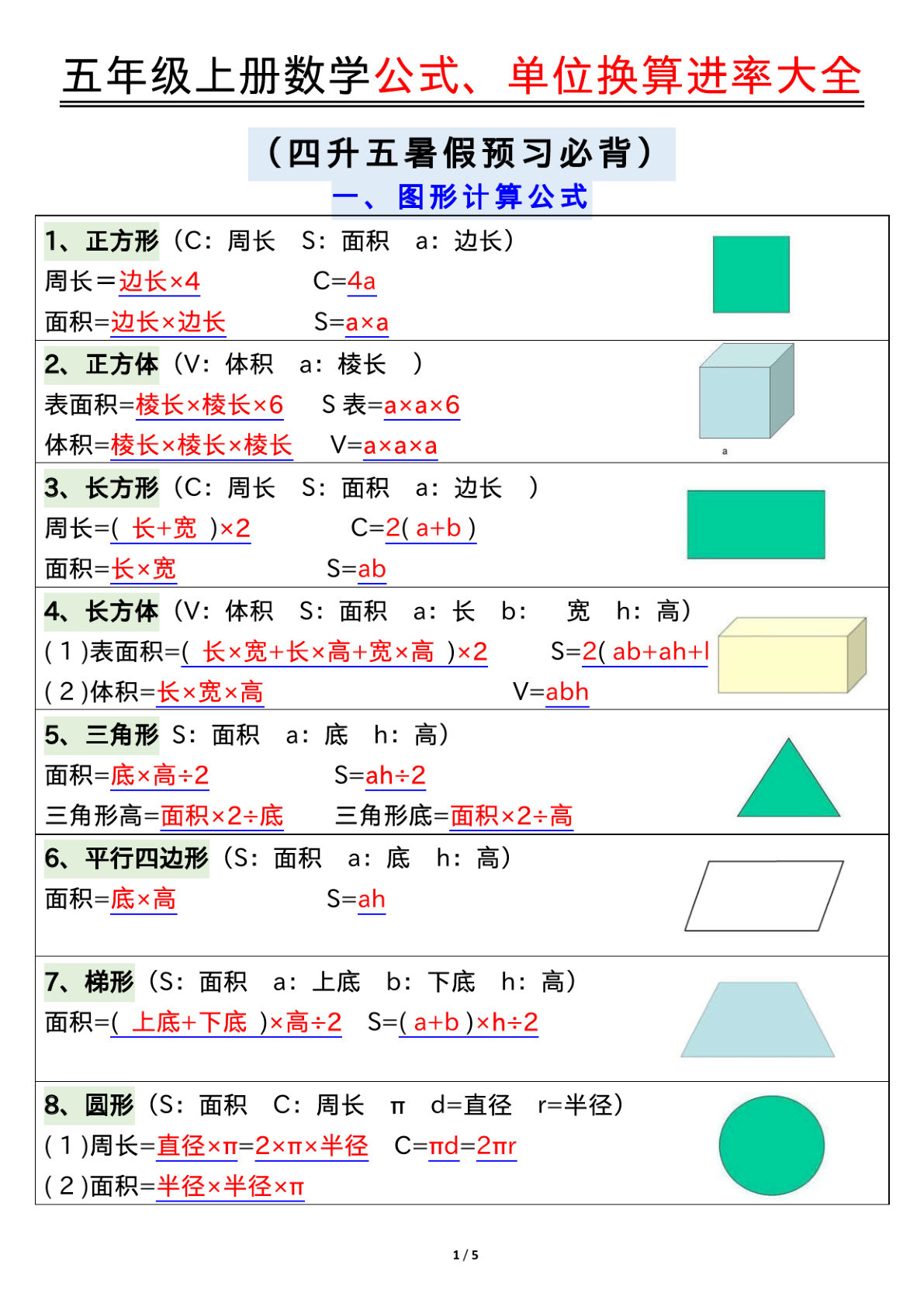 【0574】五年级数学上册数学公式、单位换算进率大全