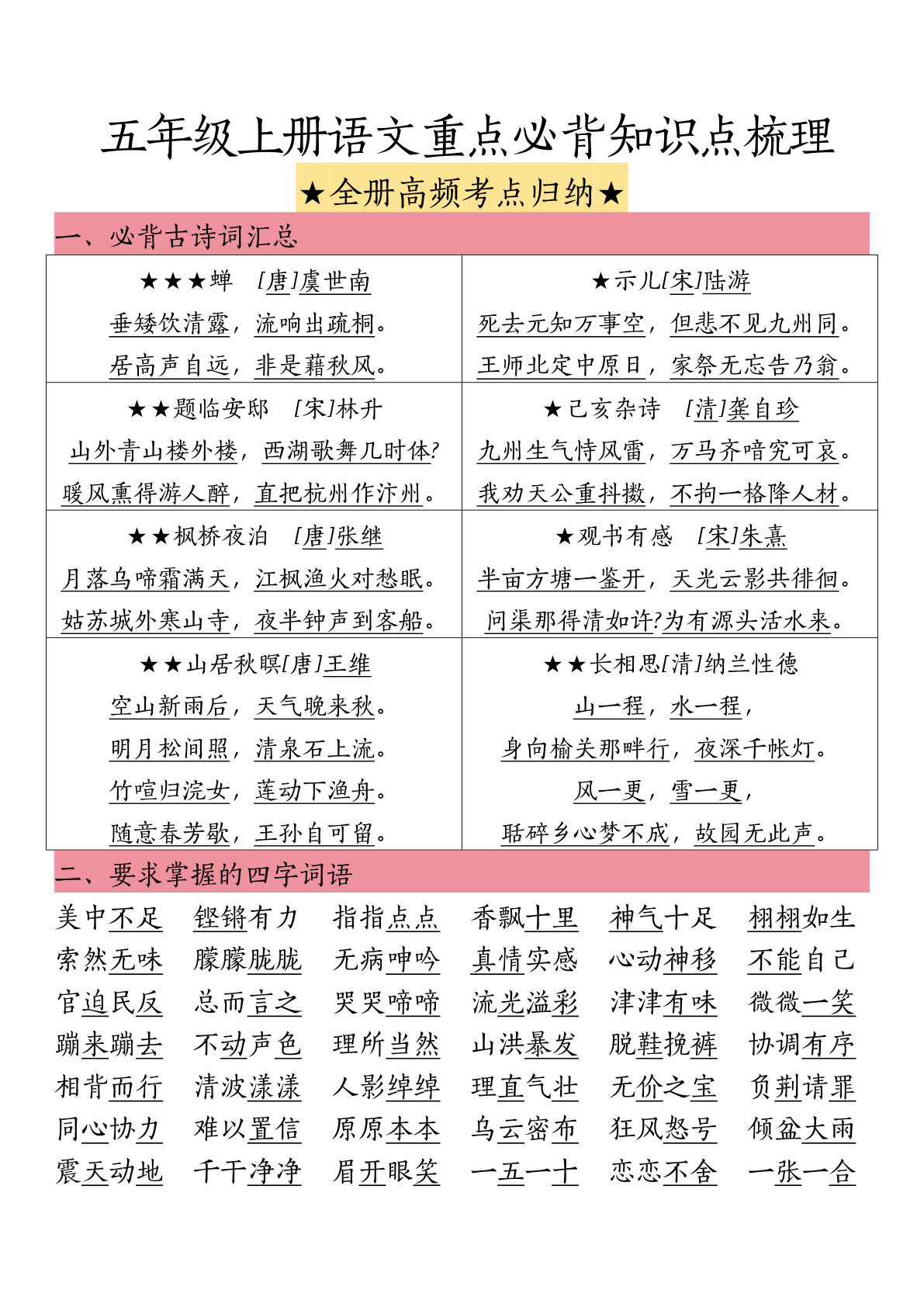 【0557】五年级语文上册重点必背知识点梳理