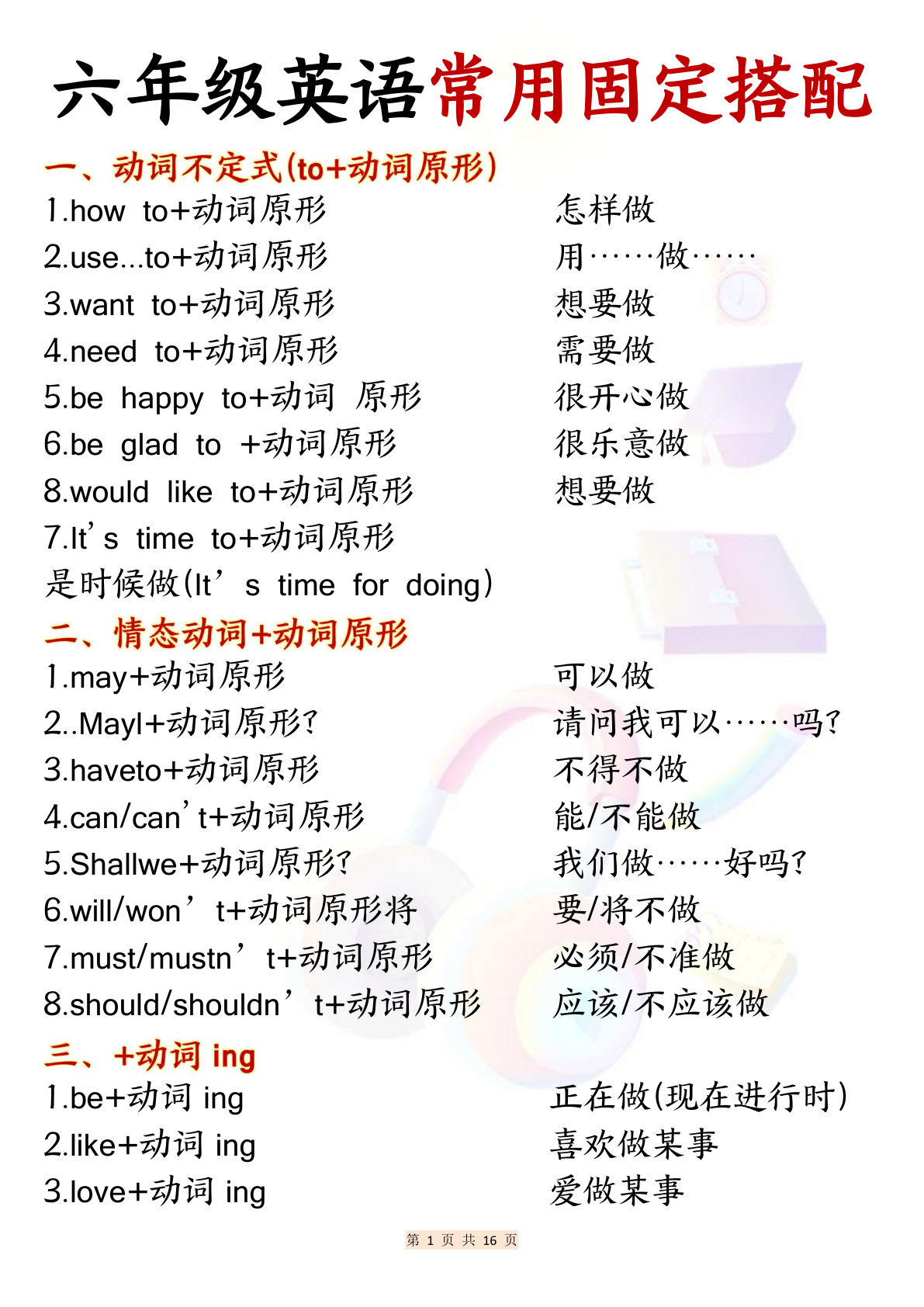 【0486】六年级英语上册常用固定搭配16页