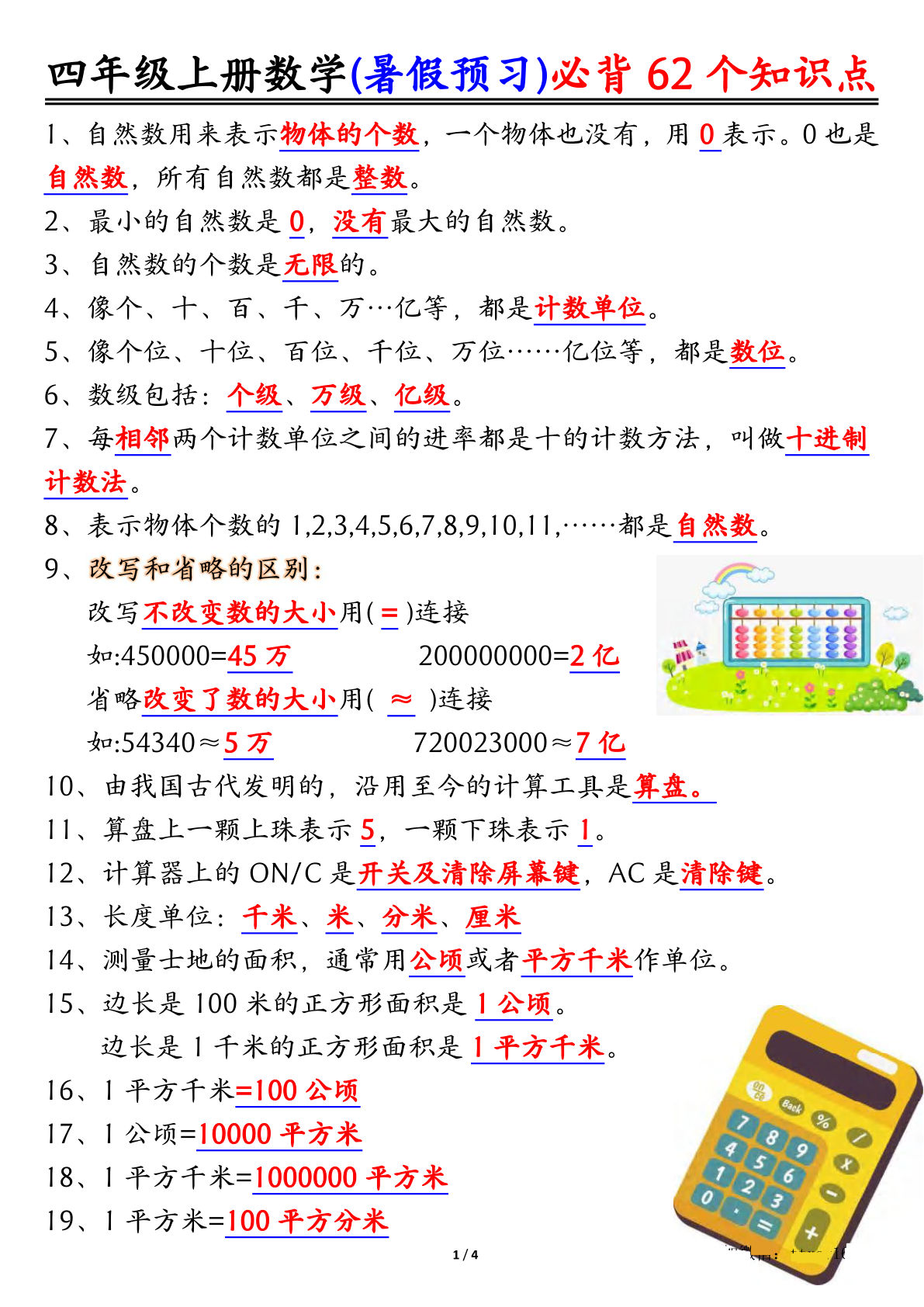 【0263】四年级数学上册暑假预习必背62个知识点归纳（4页）