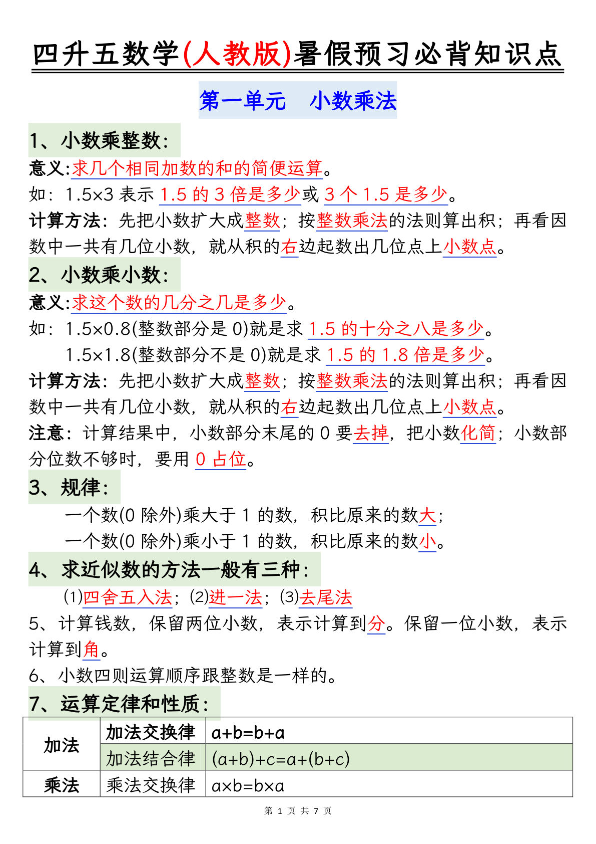 【0575】五年级数学上册必背知识点