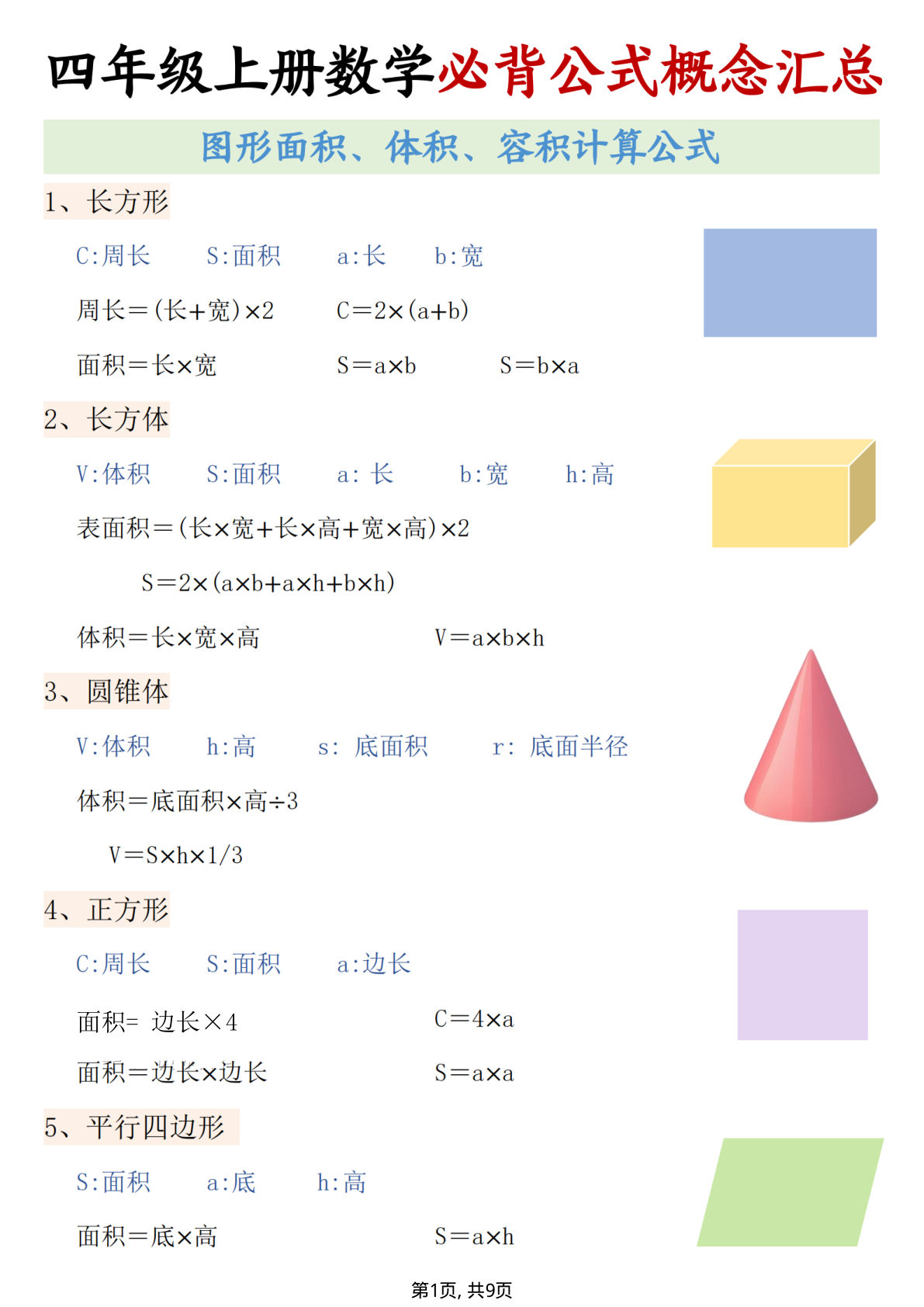 【0548】四年级数学上册必背知识点汇总（9页）