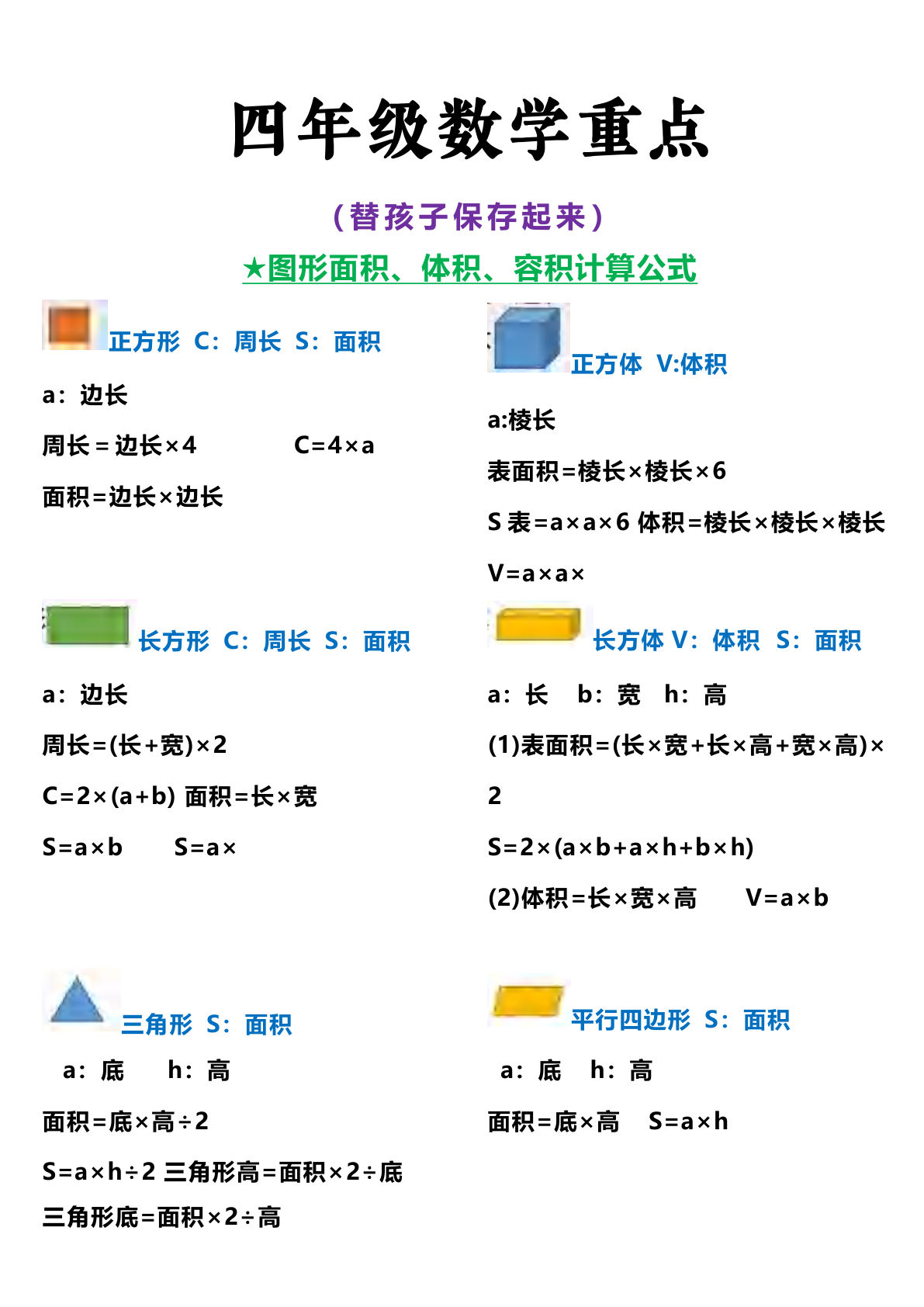【0274】四年级数学上册图形计算公式