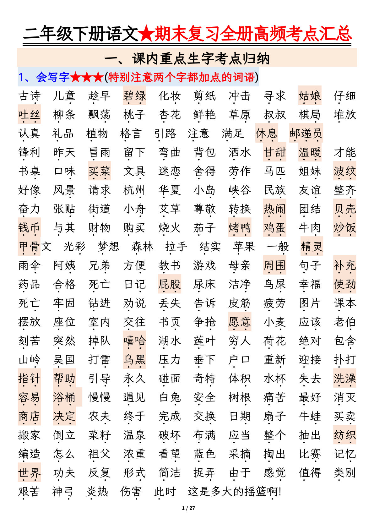 【0749】二年级语文下册全册高频考点必考知识点汇总（27页）