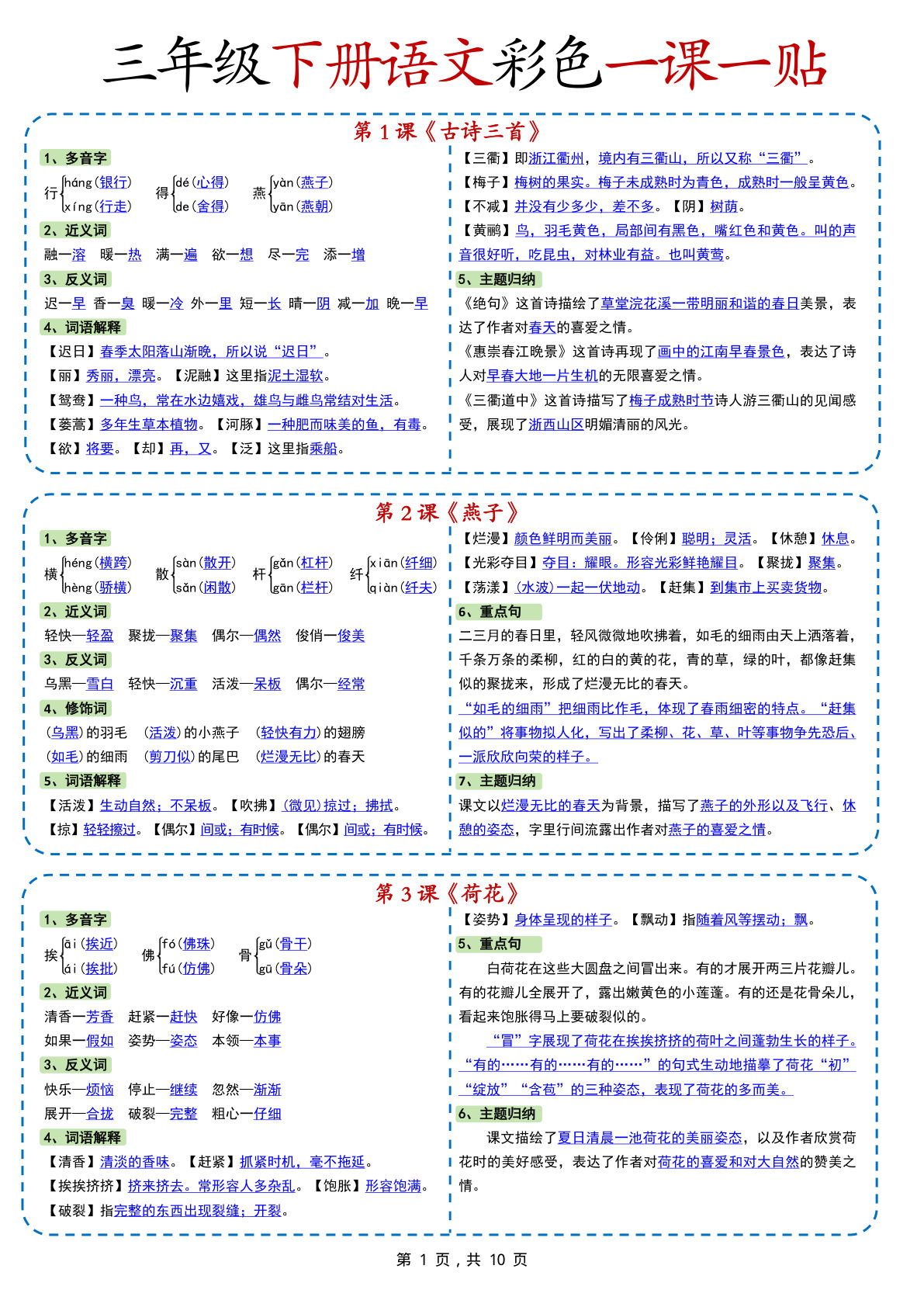 【0836】三年级语文下册彩色一课一贴（课内重点课课贴）10页