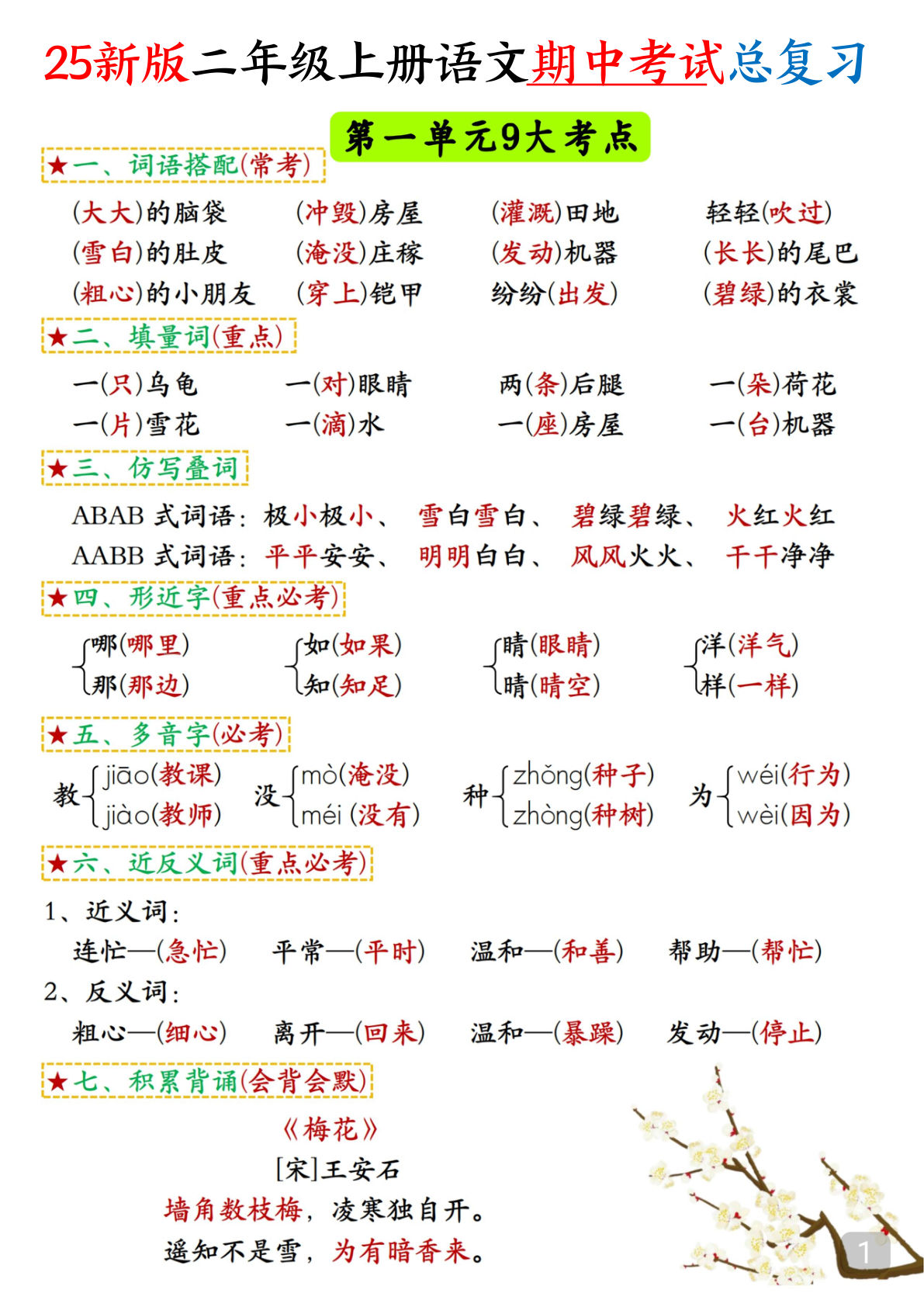 【1313】二年级语文上册期中考试总复习高频考点汇总
