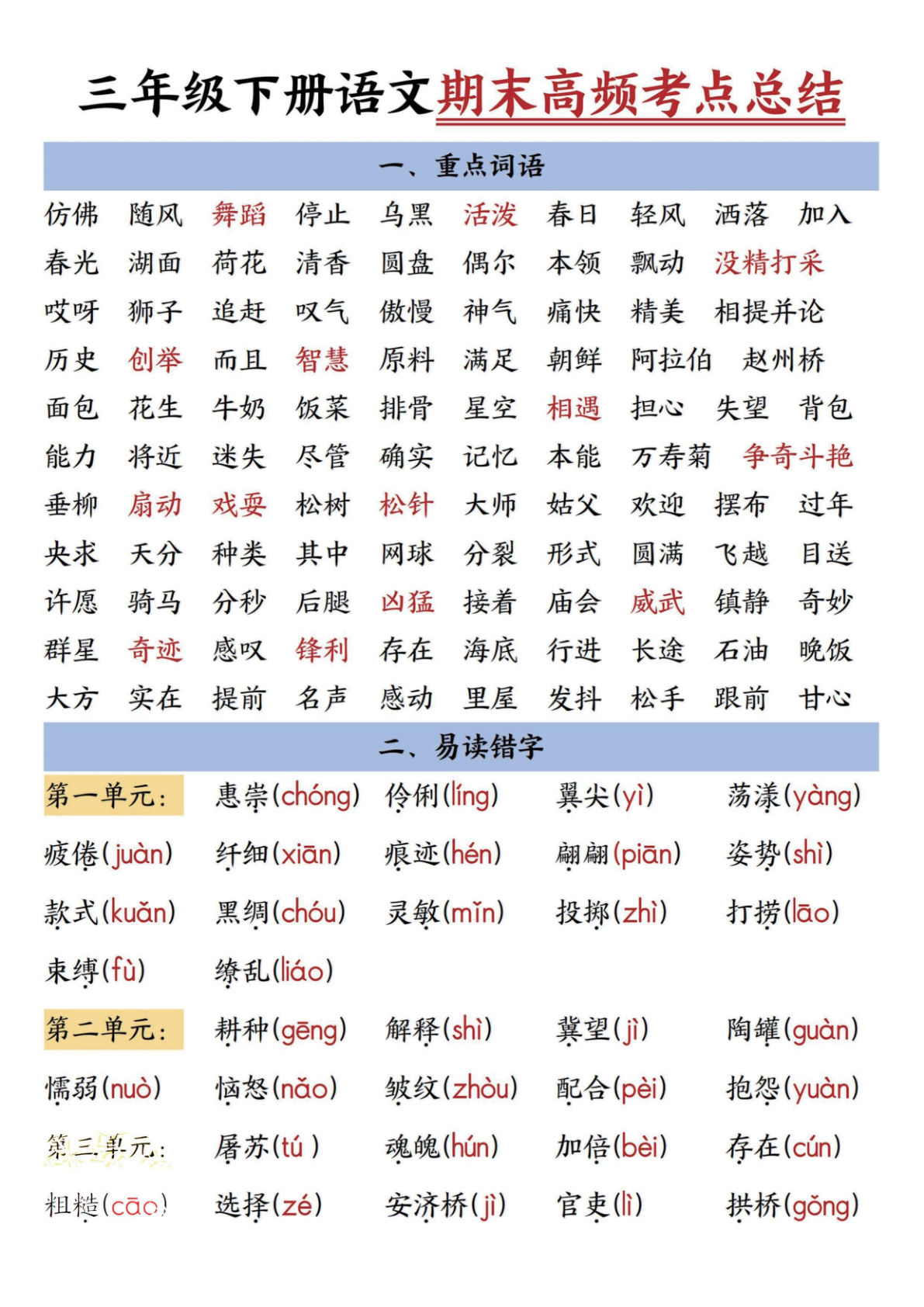 【0825】三年级语文下册期末高频考点总结