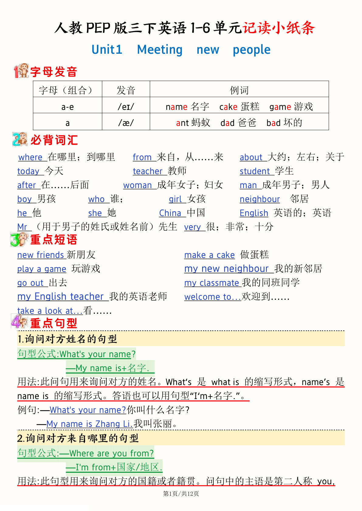 【0897】三年级英语下册人教PEP版英语期末复习1-6单元记读小纸条(12页）