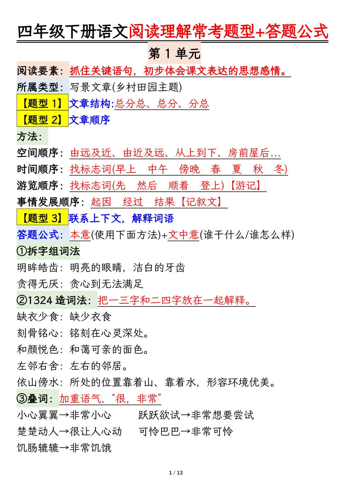 【0944】四年级语文下册1-8单元阅读理解常考题型+答题公式
