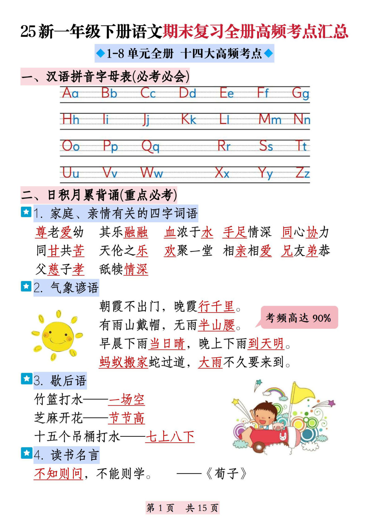 【0656】一年级语文下册期末复习全册高频考点汇总（十四大高频考点）15页