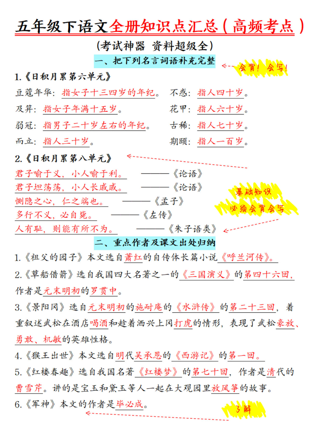 【1042】五年级语文下册全册知识点汇总（高频考点）考试神器、资料超级全