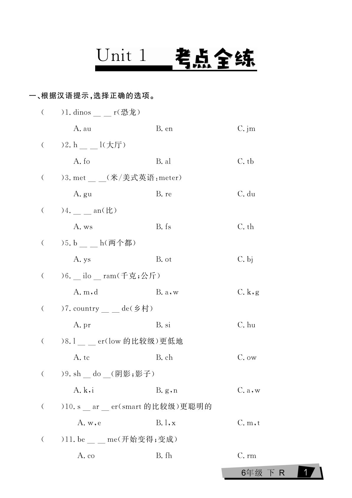 【1267】六年级英语下册人教PEP版复习《考点全练》