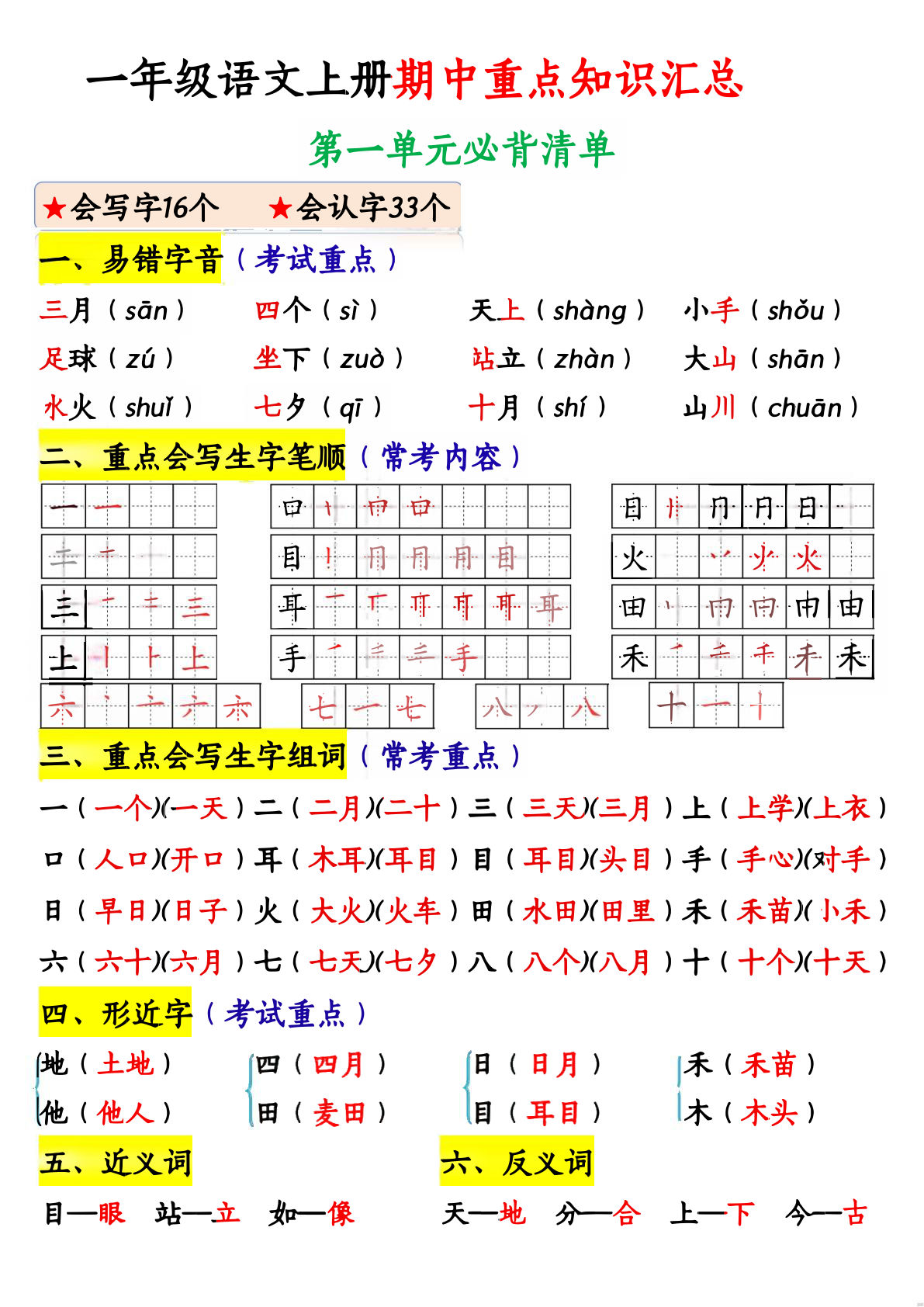 【1285】一年级语文上册期中重点知识汇总