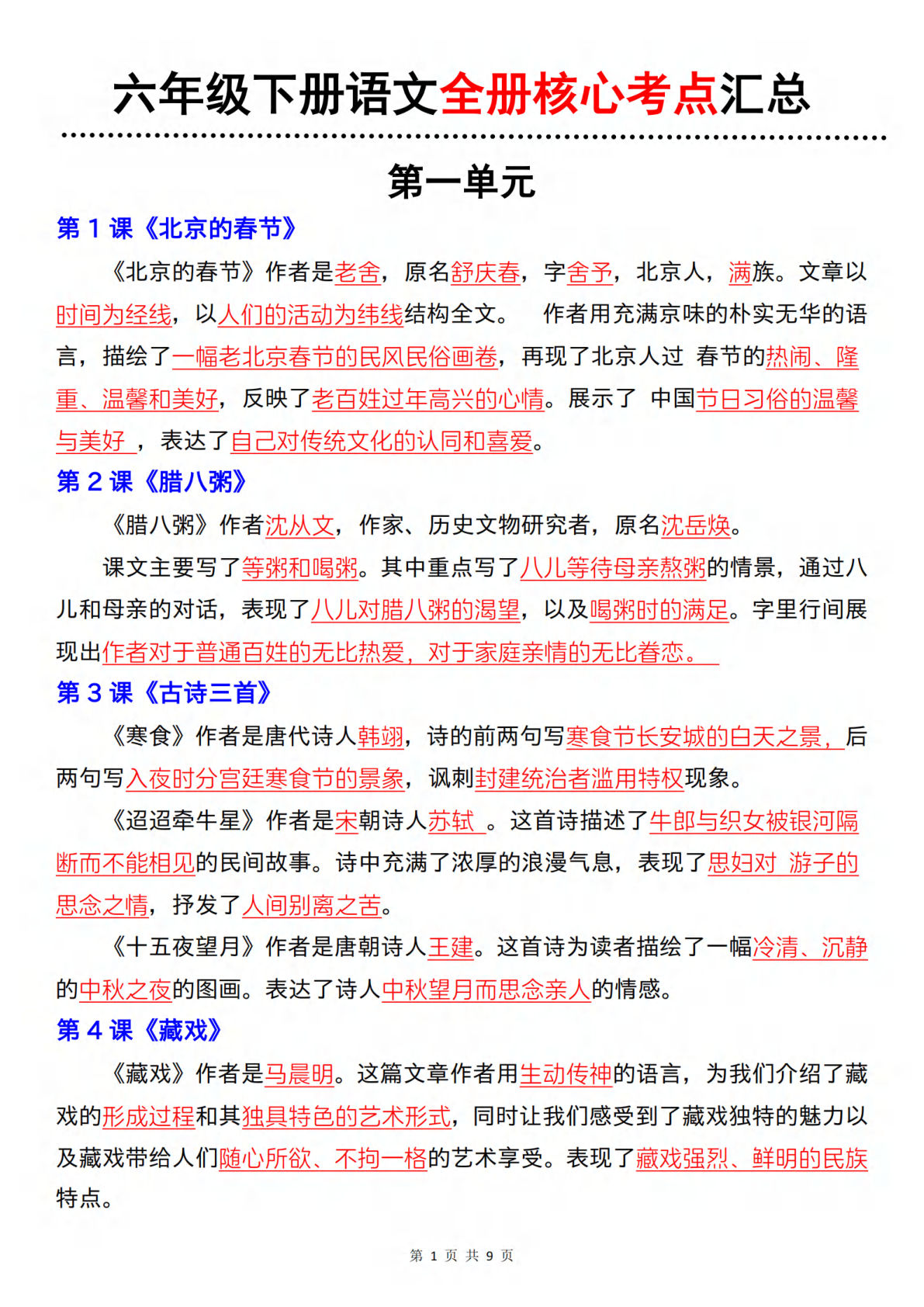 【1173】六年级语文下册期末全册核心考点归纳汇总