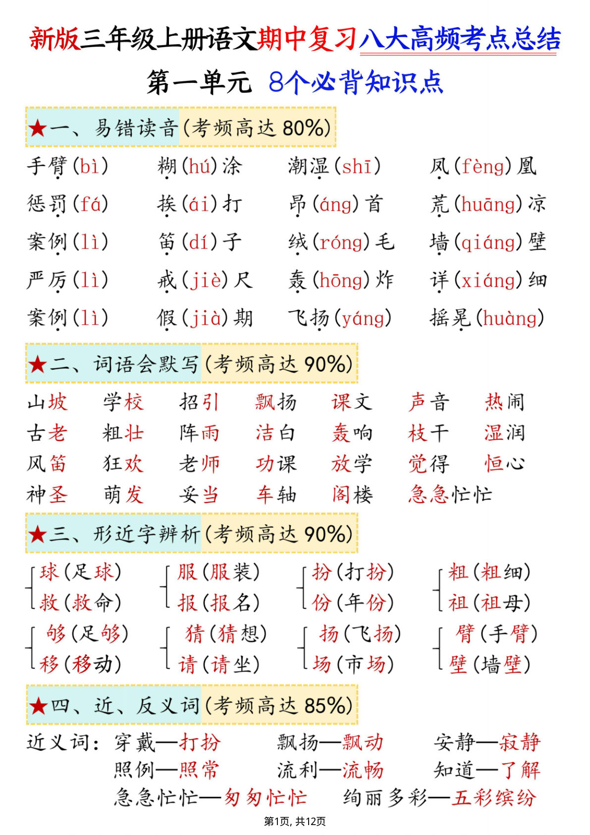 【1344】三年级语文上册期中复习1-4单元八大高频考点总结必背知识点