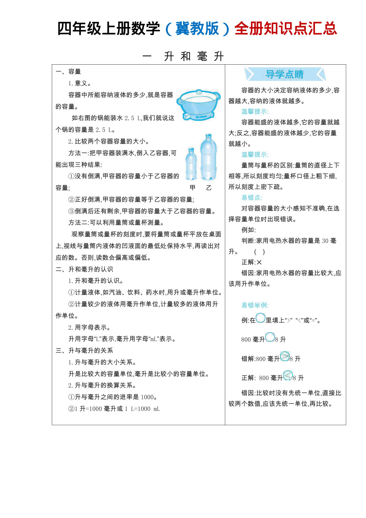 【1419】四年级数学上册冀教版全册知识点汇总